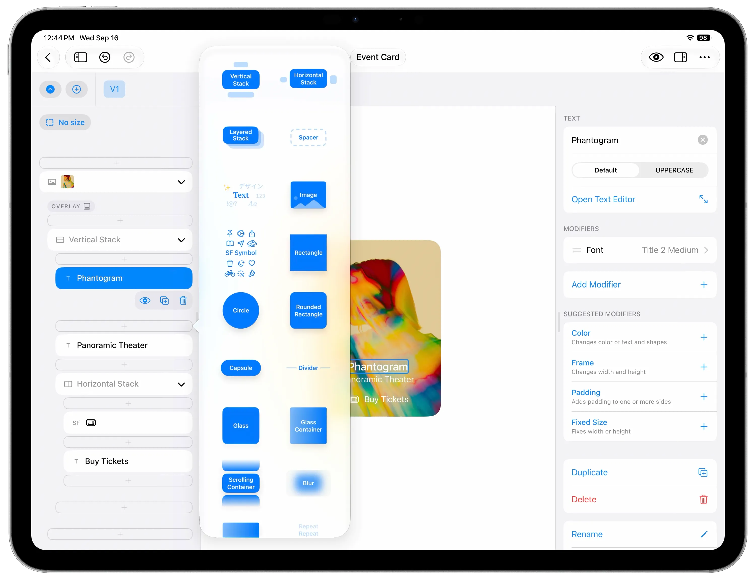 Element picker open in the editor