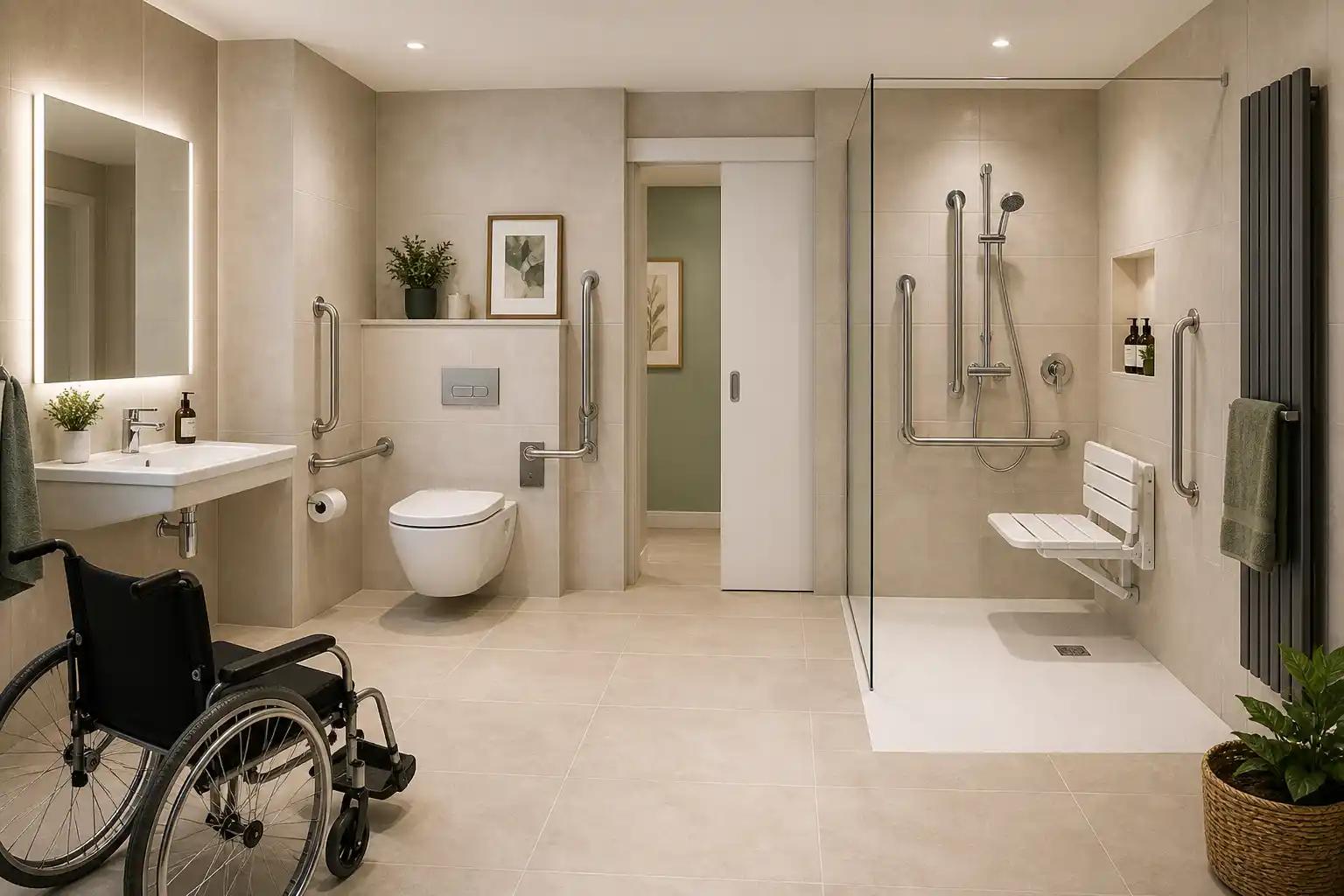 Accessible bathroom with a walk-in shower, grab rails and a fold-down seat