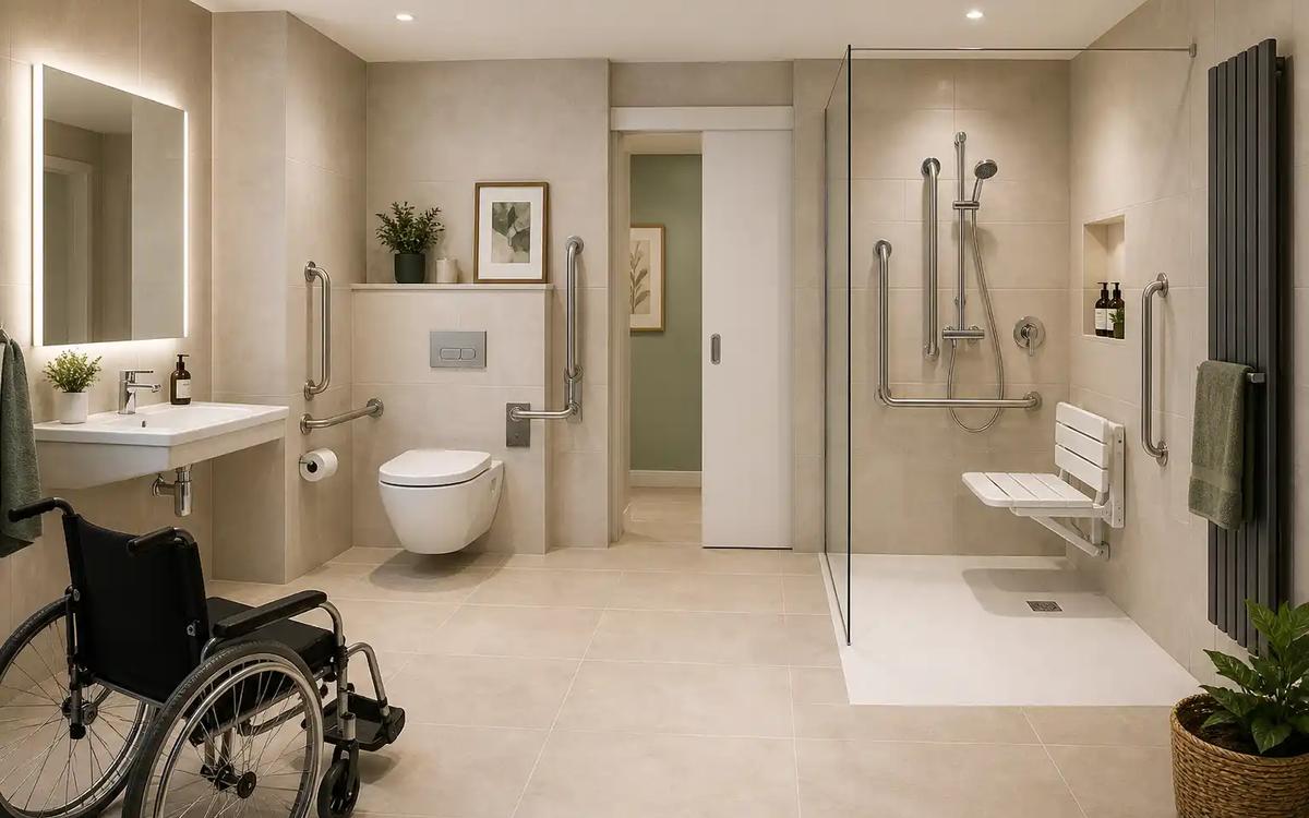 Accessible bathroom with a walk-in shower, grab rails and a fold-down seat