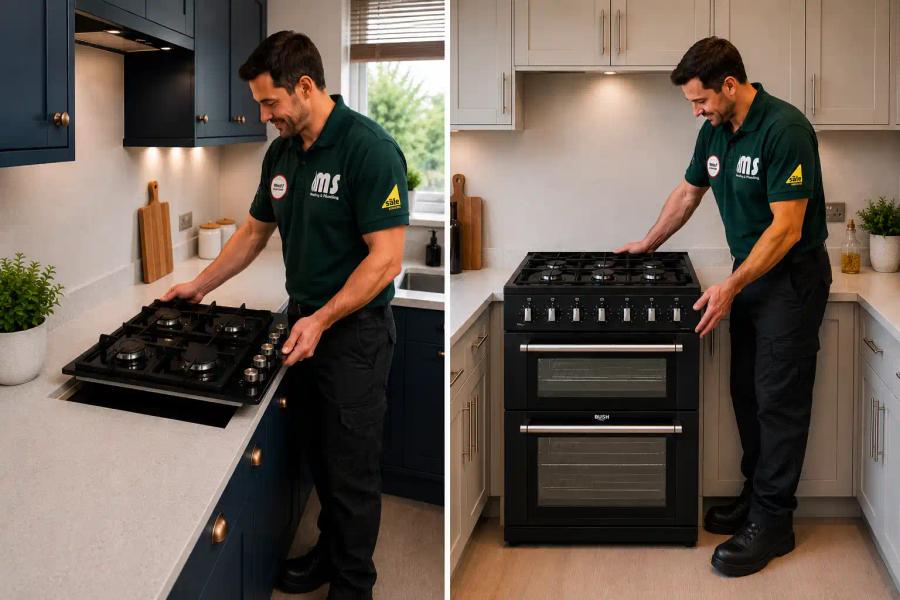Engineer installing a gas hob and a gas cooker