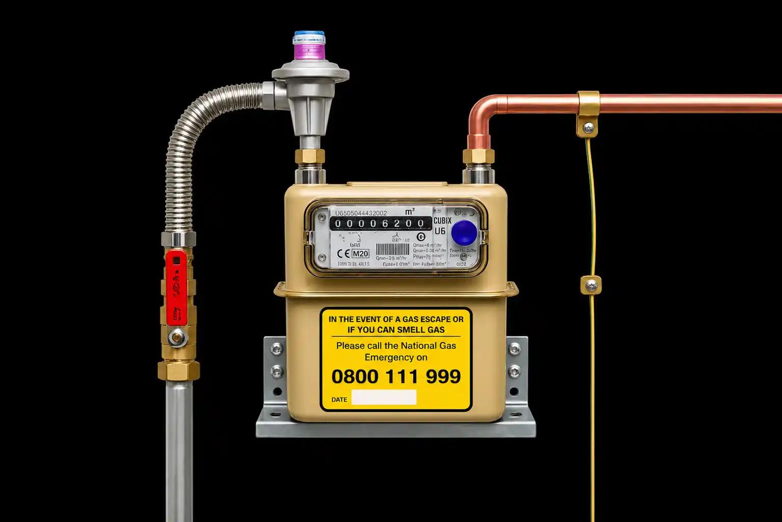 Gas meter with an emergency number label