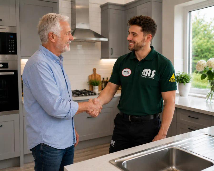 Engineer shaking hands with a happy homeowner in a kitchen