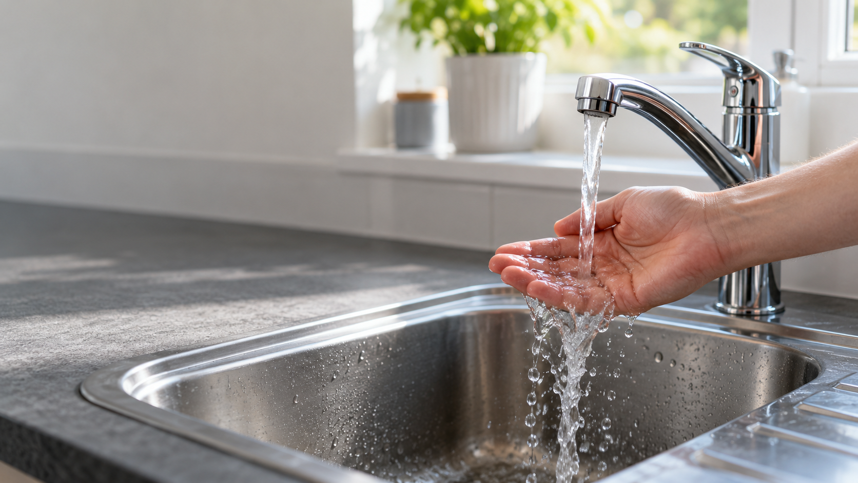 A person holding their hand under a running kitchen tap, checking whether the water is hot.