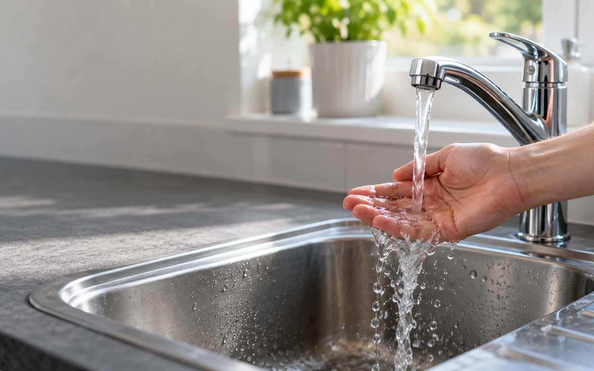 A person holding their hand under a running kitchen tap, checking whether the water is hot.