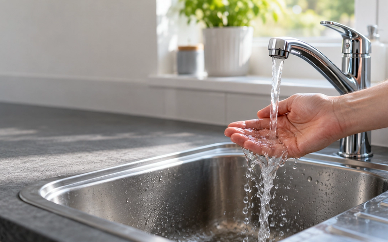 A person holding their hand under a running kitchen tap, checking whether the water is hot.