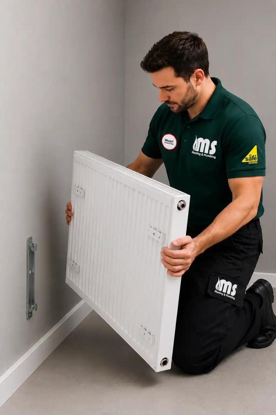 Engineer fitting a white radiator to a wall