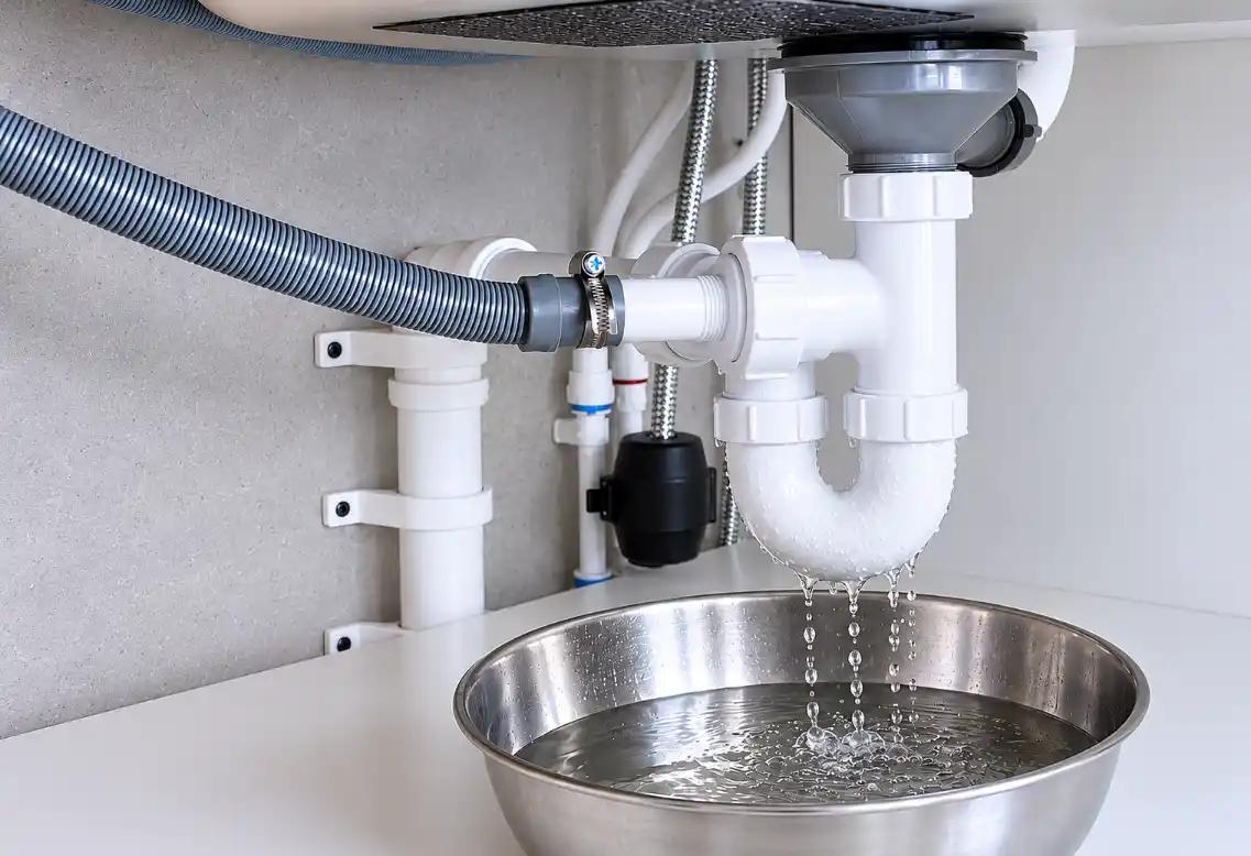 Leaking pipe under a sink dripping into a bowl