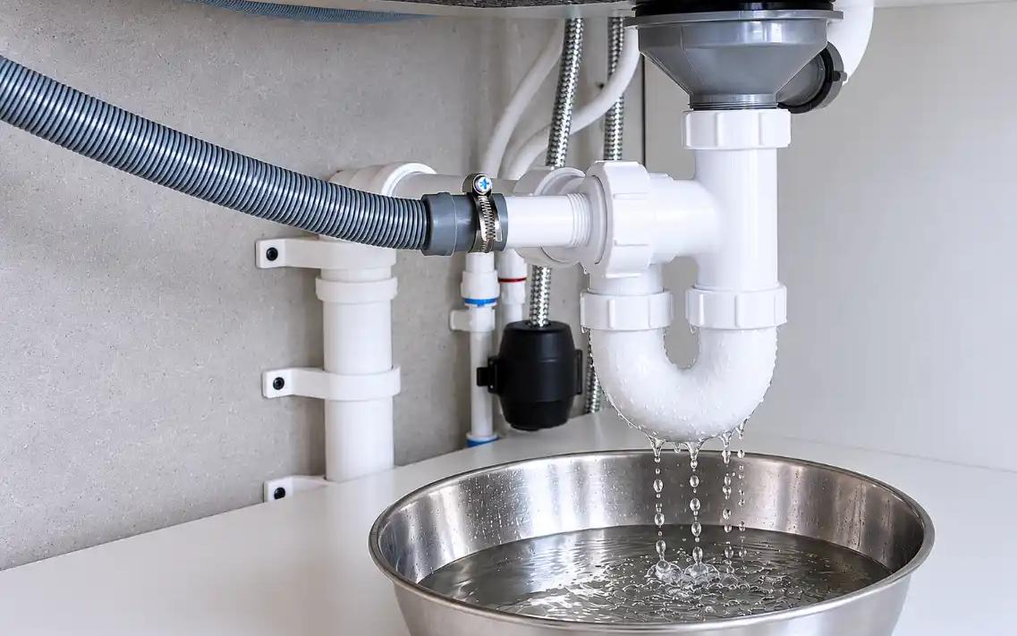 Leaking pipe under a sink dripping into a bowl