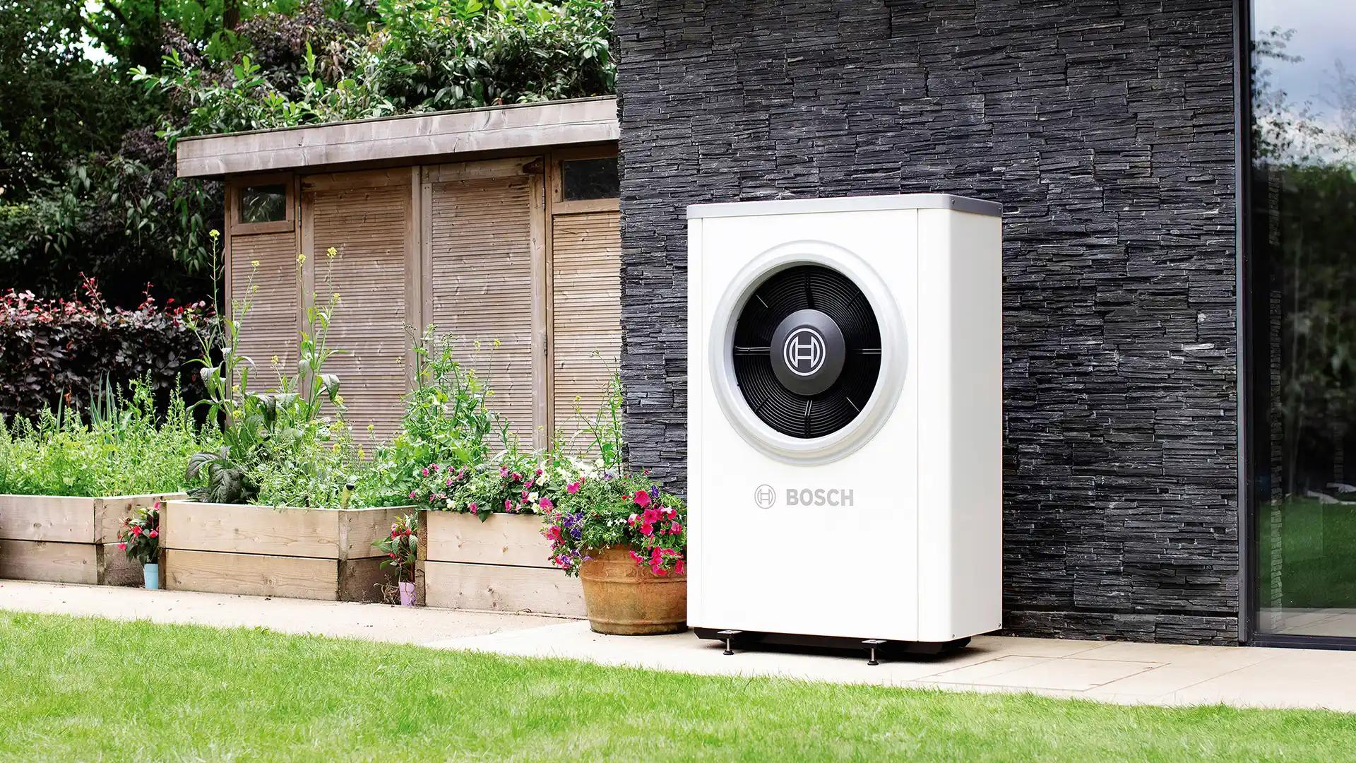 Bosch air source heat pump in a garden