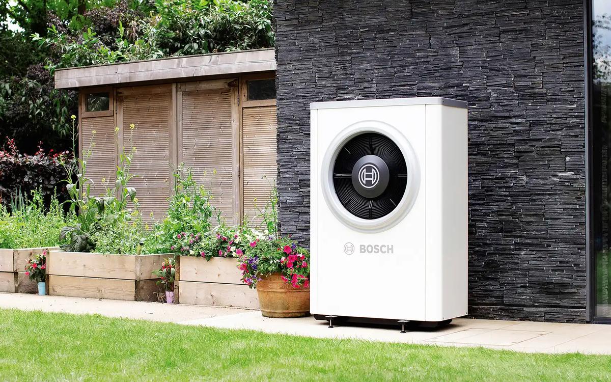 Bosch air source heat pump in a garden