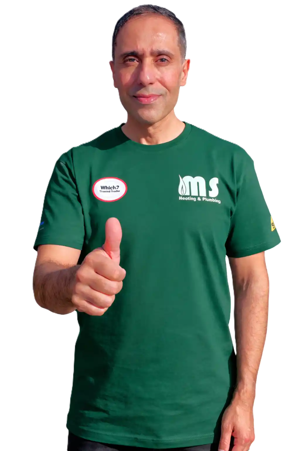 Zeb, founder of MS HEATING AND PLUMBING, giving a thumbs up