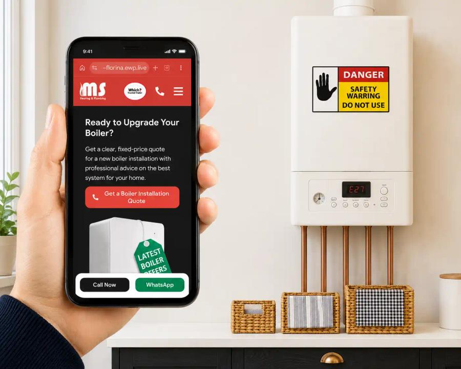 Phone showing the MS HEATING AND PLUMBING website in front of a boiler with a danger label