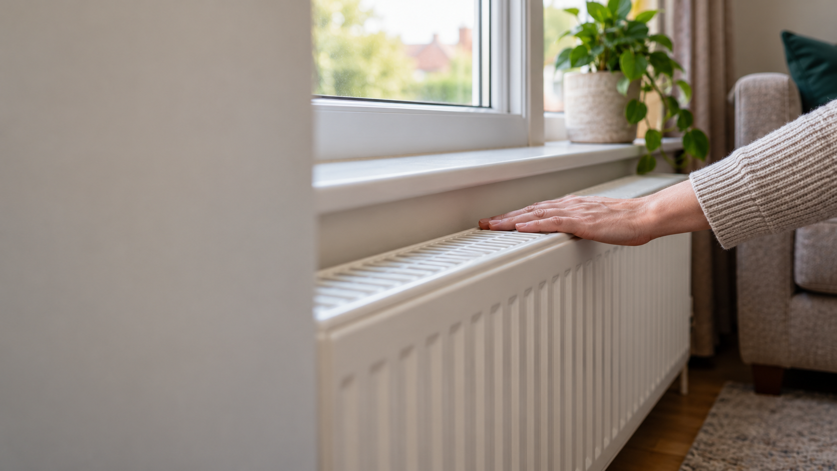 A hand feeling the top of a white panel radiator to check where it is cold.