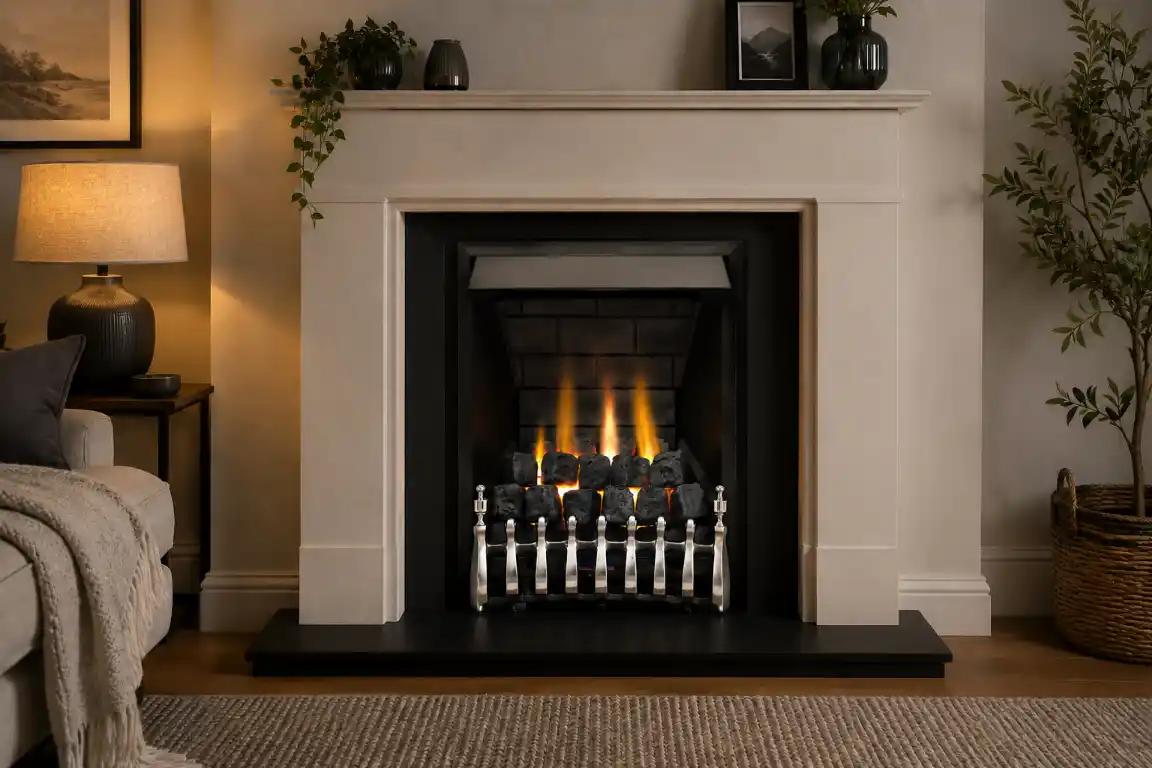 Gas fire in a stone fireplace