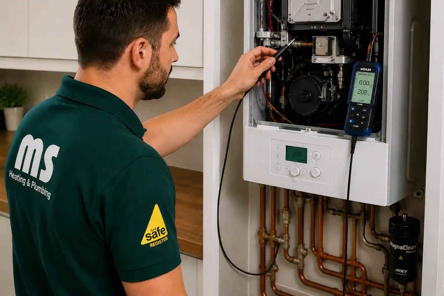 Engineer testing an open boiler with a gas analyser