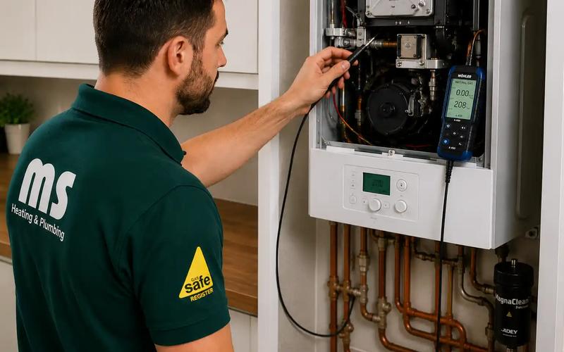 Engineer testing an open boiler with a gas analyser