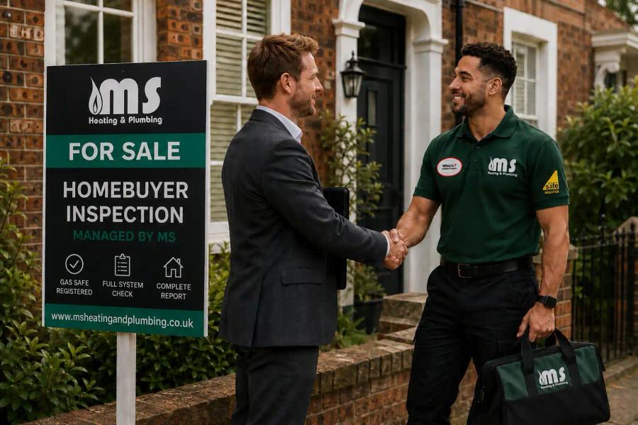 Engineer shaking hands with a home buyer beside a homebuyer inspection sign