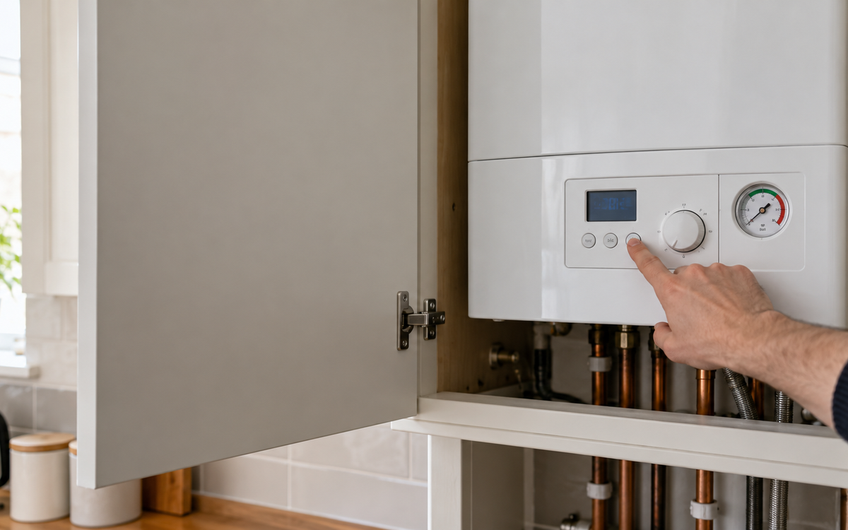 A person checking the display panel on a white wall-mounted combi boiler.
