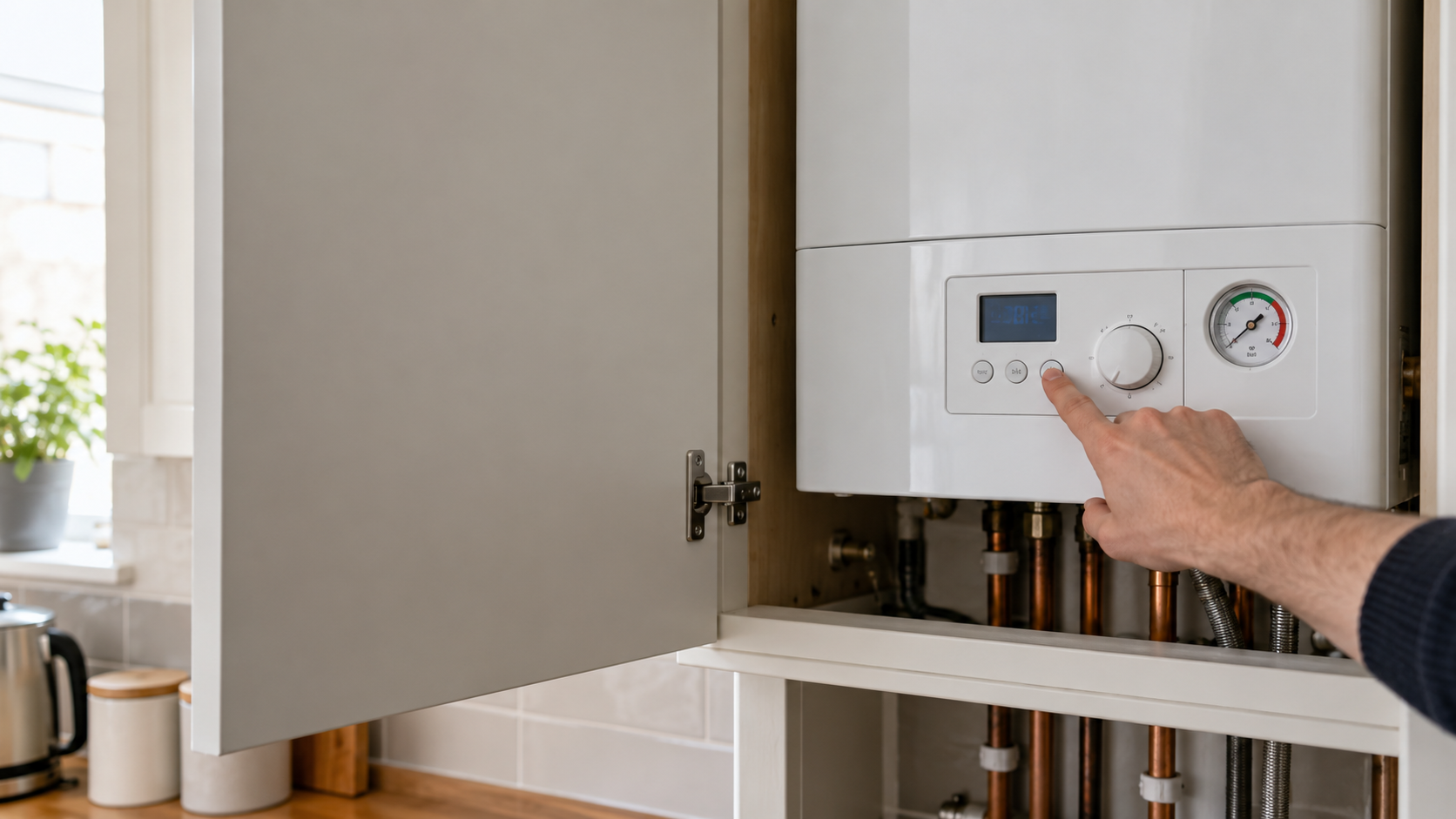 A person checking the display panel on a white wall-mounted combi boiler.