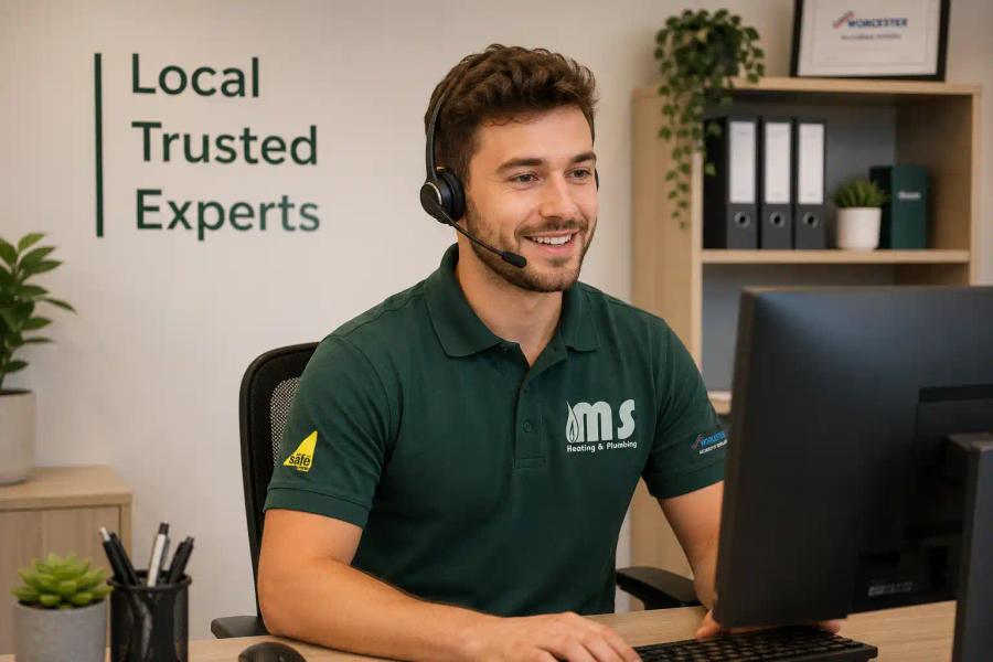 Smiling engineer at a desk with a headset