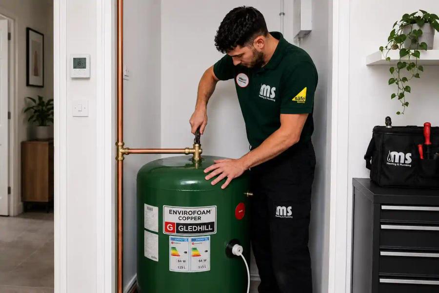 Engineer working on a green hot water cylinder