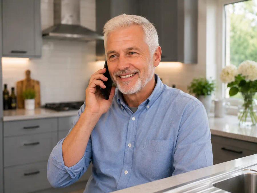 Smiling man on the phone in his kitchen