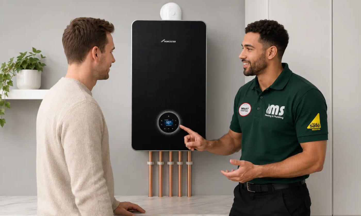 Engineer showing a homeowner a new black combi boiler