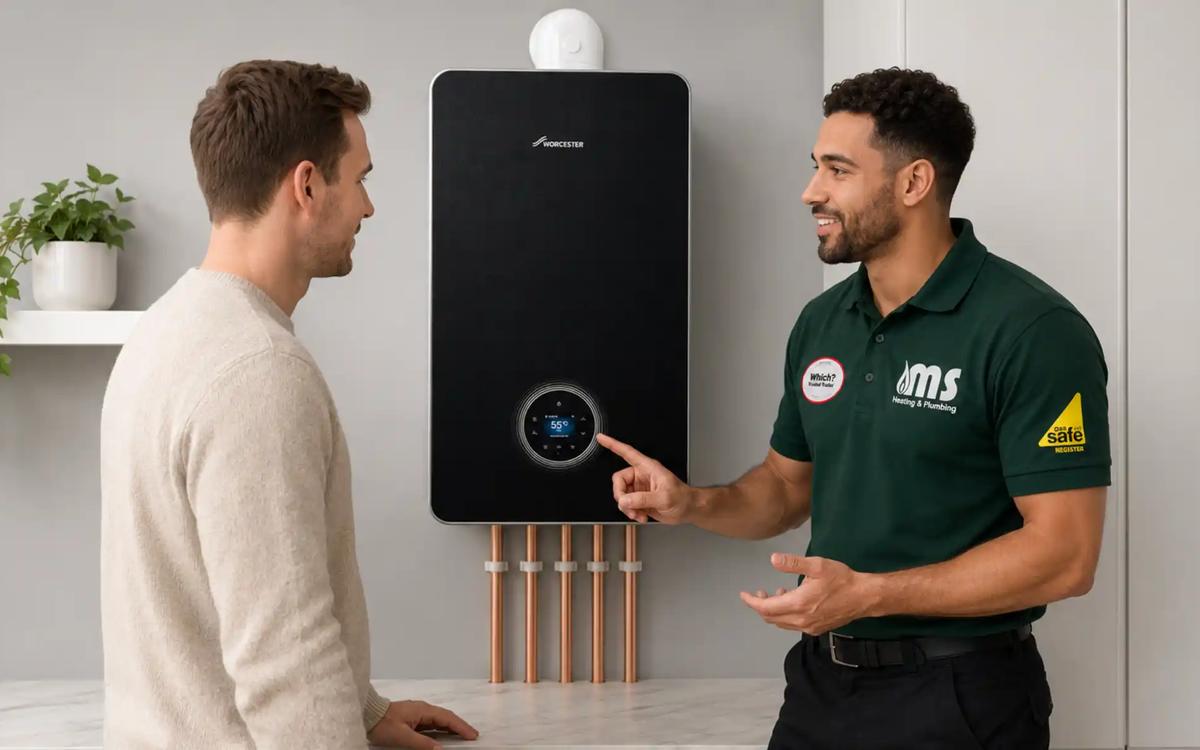 Engineer showing a homeowner a new black combi boiler