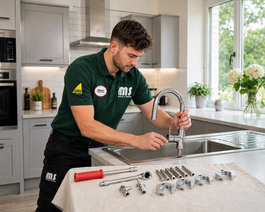 Engineer installing a new kitchen tap