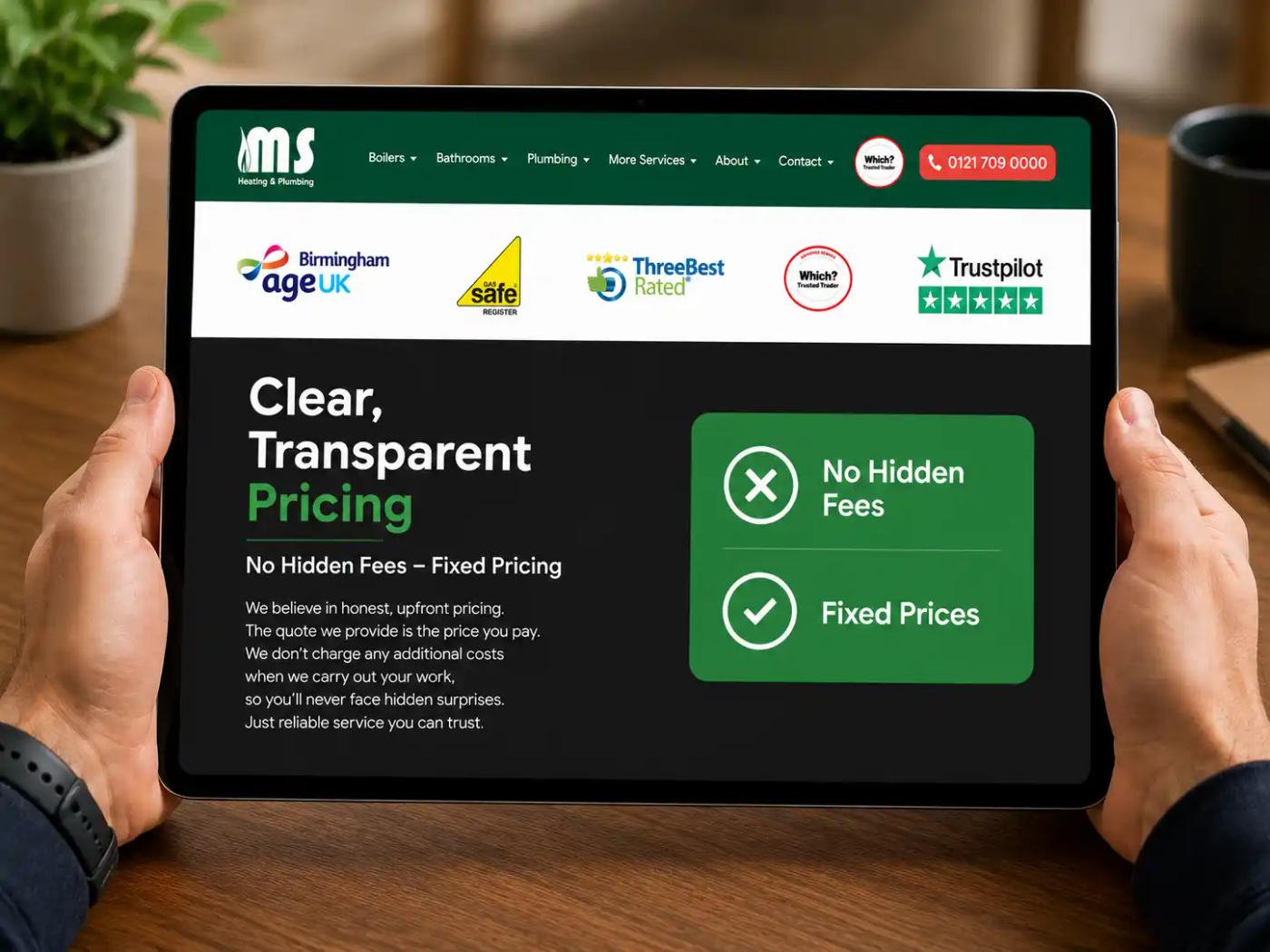 Clear, transparent pricing shown on a tablet