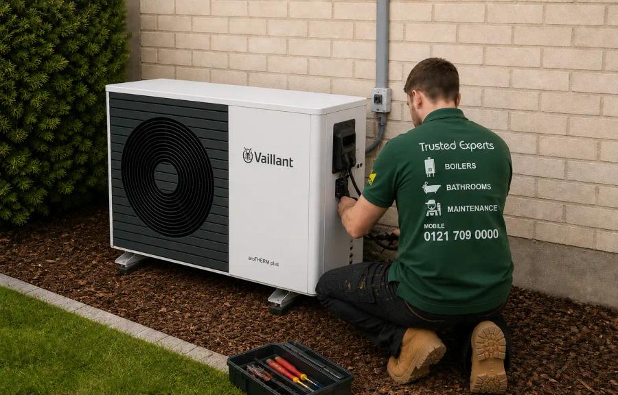 Engineer servicing a Vaillant heat pump outside a house