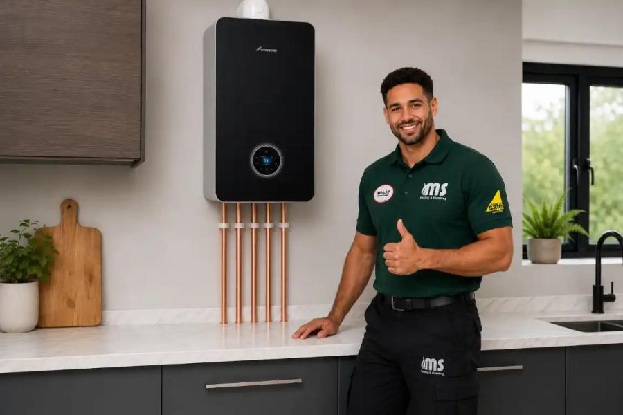 Engineer giving a thumbs up beside a new black boiler in a kitchen