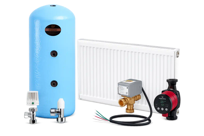 Hot water cylinder, radiator, valves and a pump
