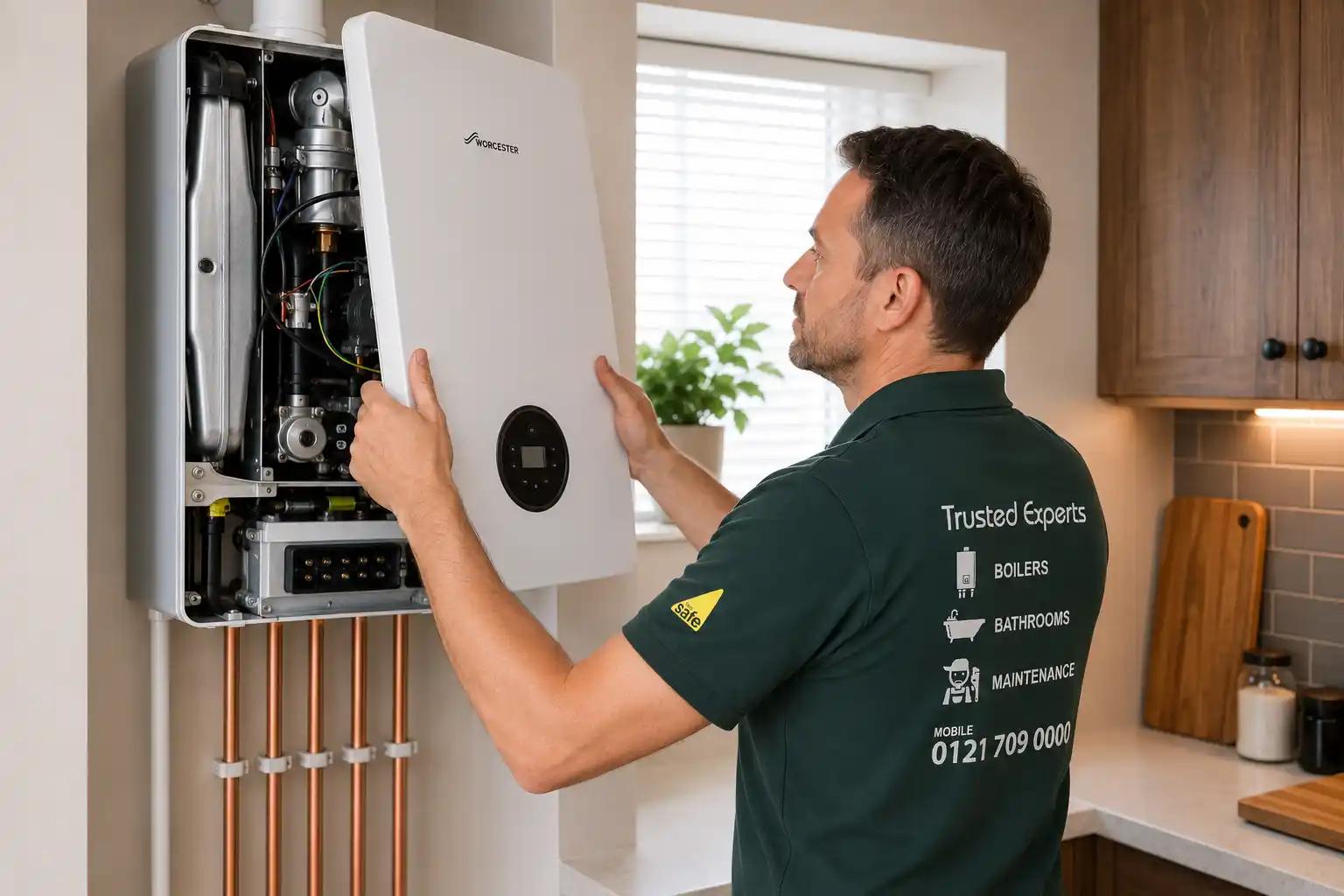 Engineer fitting the front cover onto a new boiler