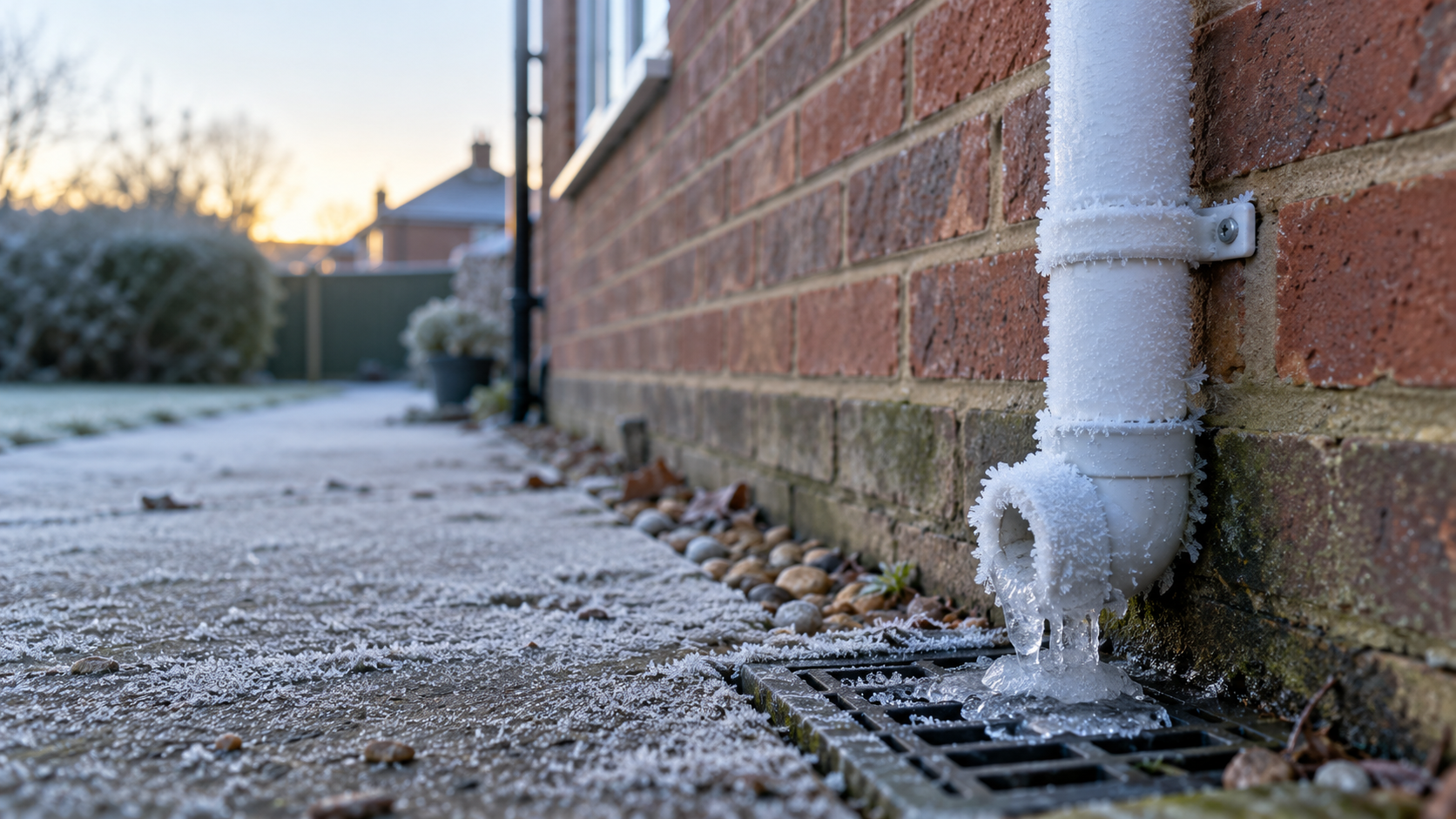 A white plastic boiler condensate pipe on an outside brick wall, covered in frost.