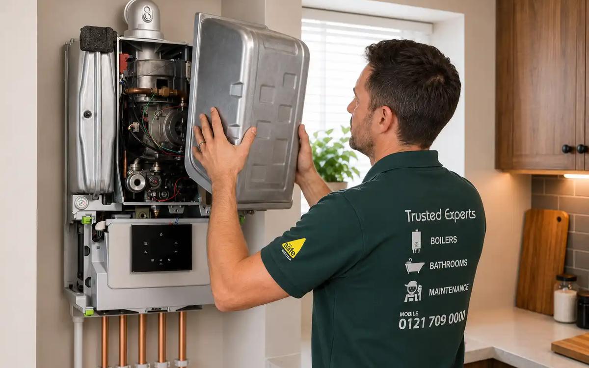 Engineer fitting the front cover onto a new boiler