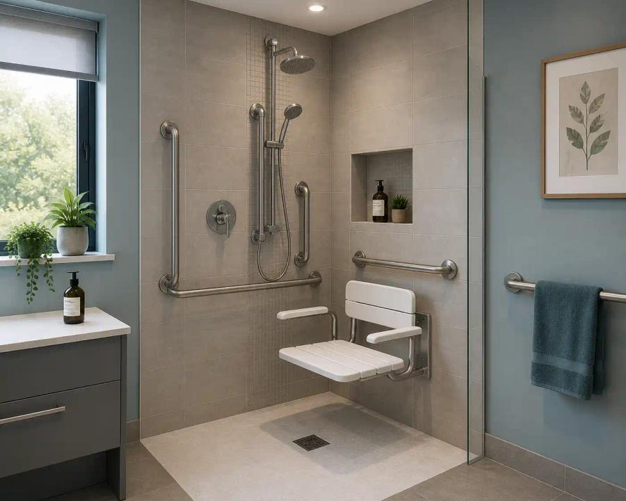 Accessible shower room with a fold-down seat and grab rails