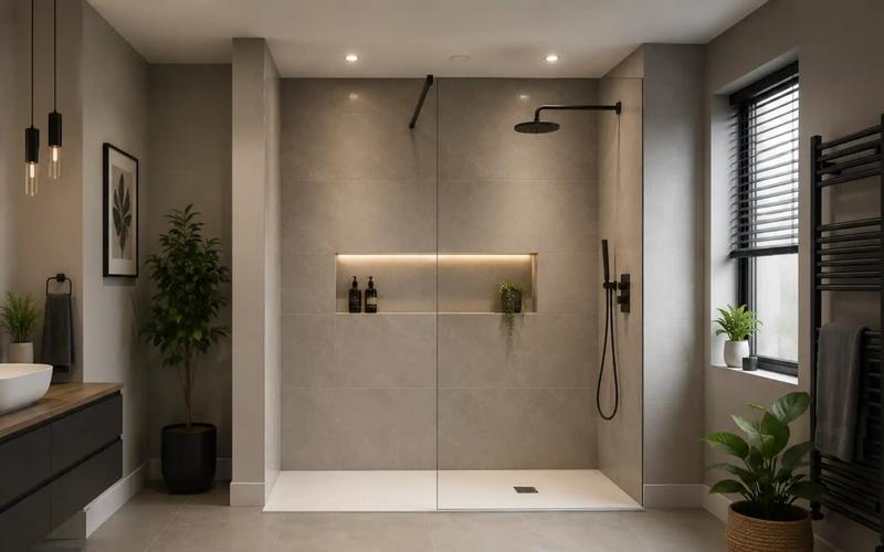 Walk-in shower with a glass screen and a lit wall niche