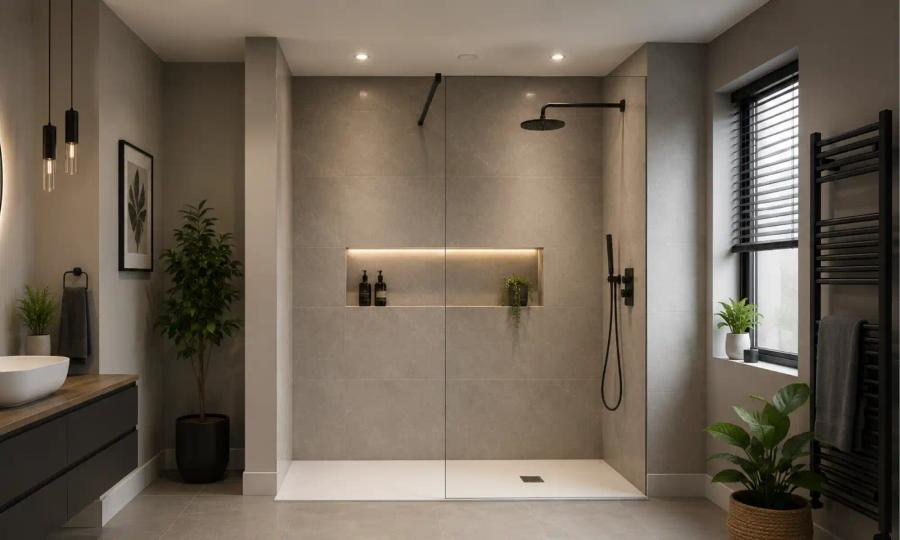Walk-in shower with a glass screen and a lit wall niche