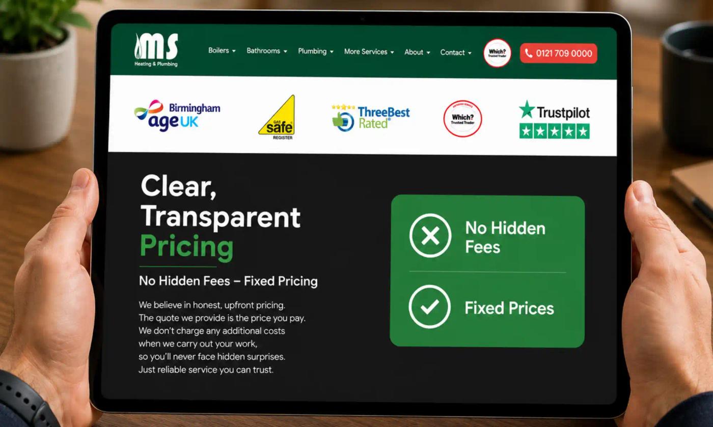 Tablet showing the MS HEATING AND PLUMBING website with clear, transparent pricing