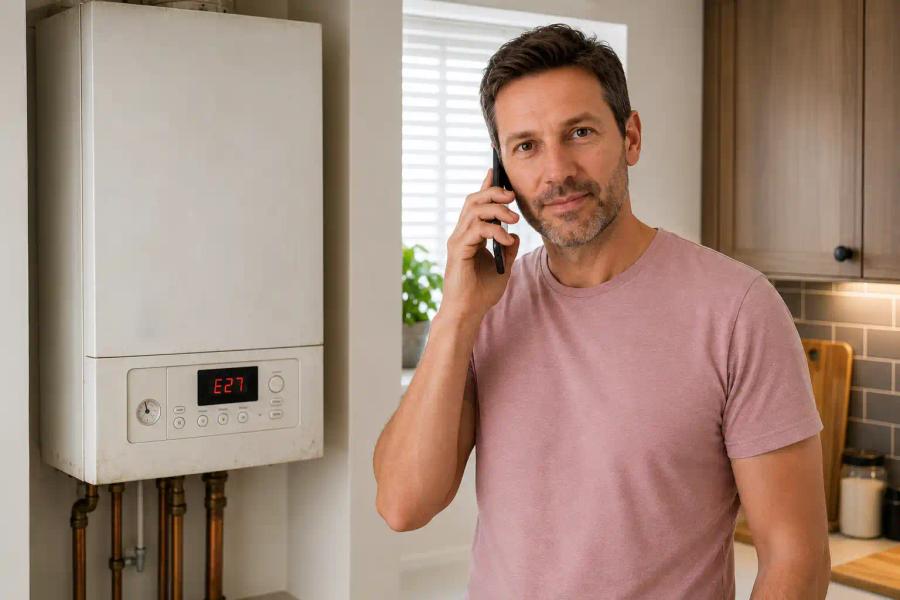 Man on the phone beside his old boiler