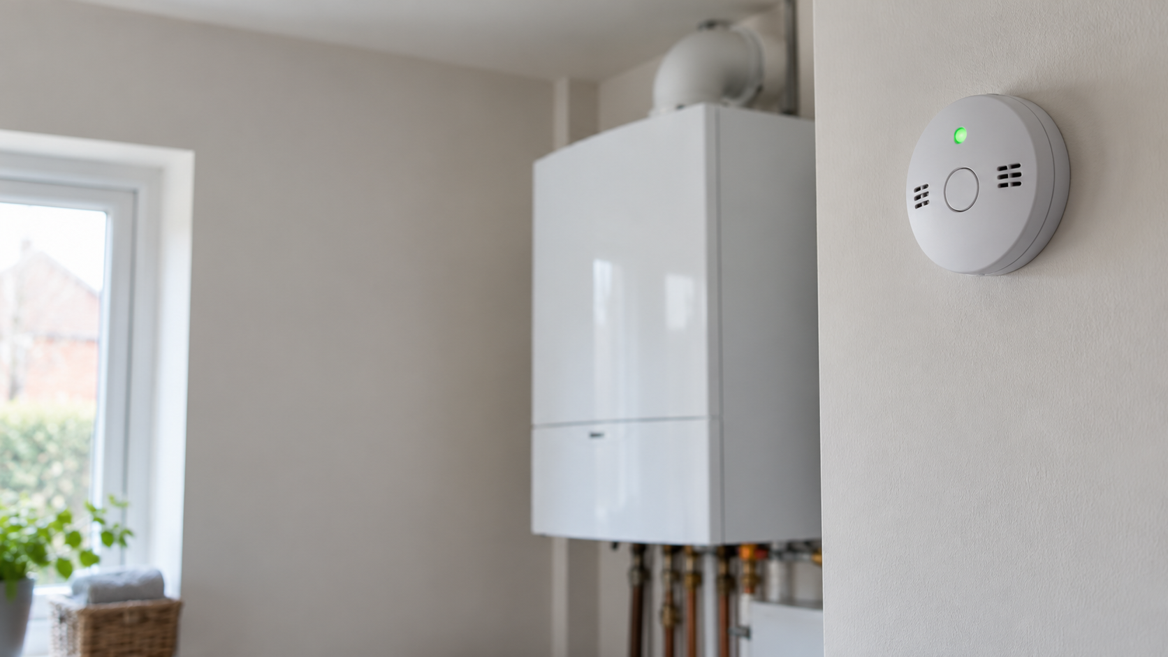 A white carbon monoxide alarm fixed high on a wall in a room with a gas boiler.