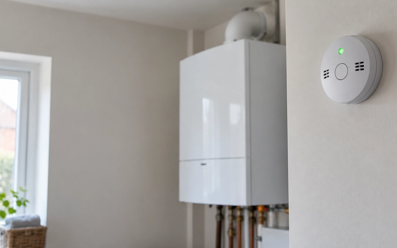 A white carbon monoxide alarm fixed high on a wall in a room with a gas boiler.