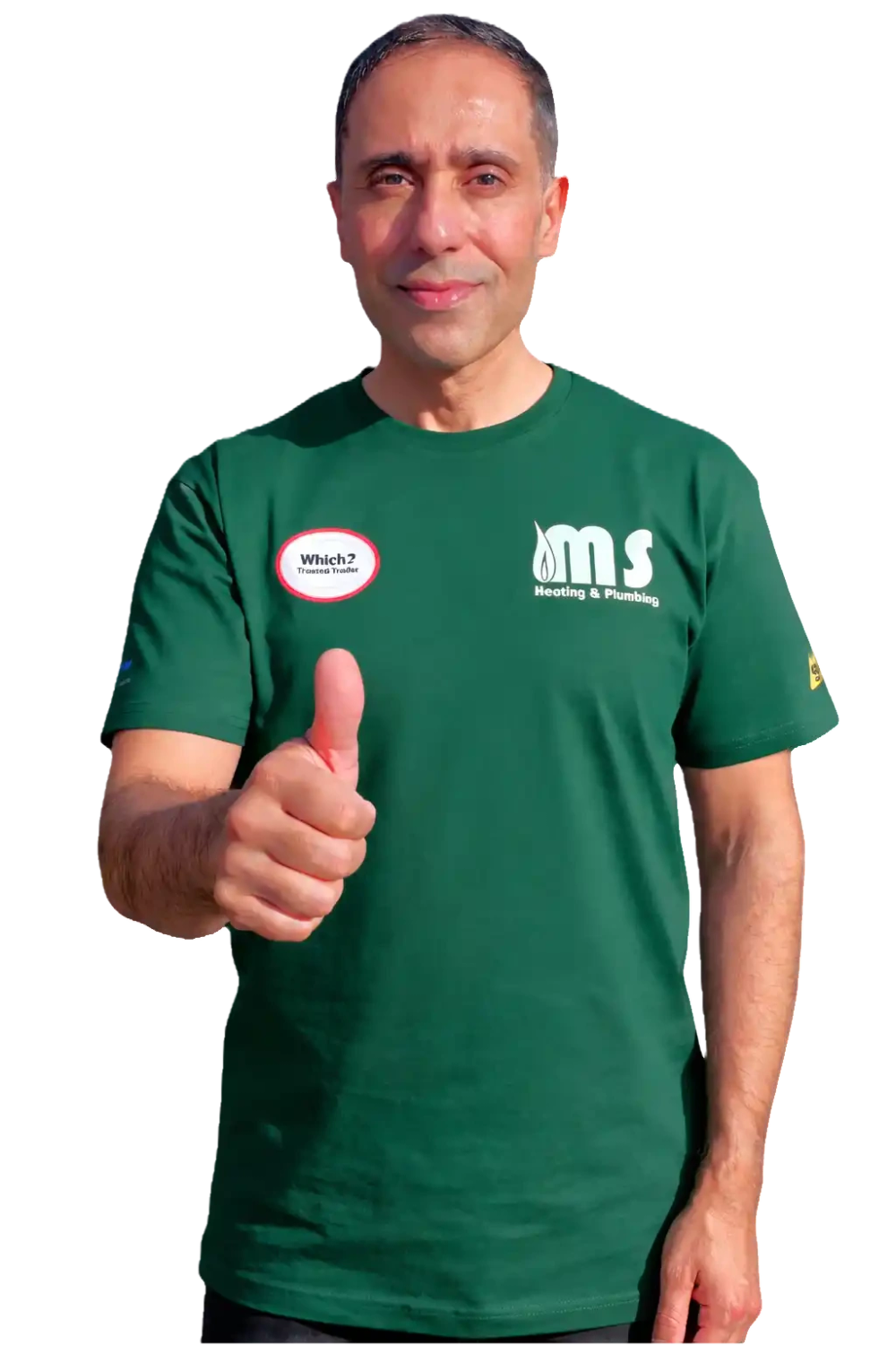 Zeb, founder of MS HEATING AND PLUMBING, giving a thumbs up