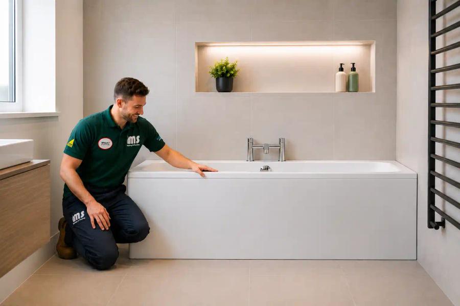 Engineer fitting a new bath in a modern bathroom