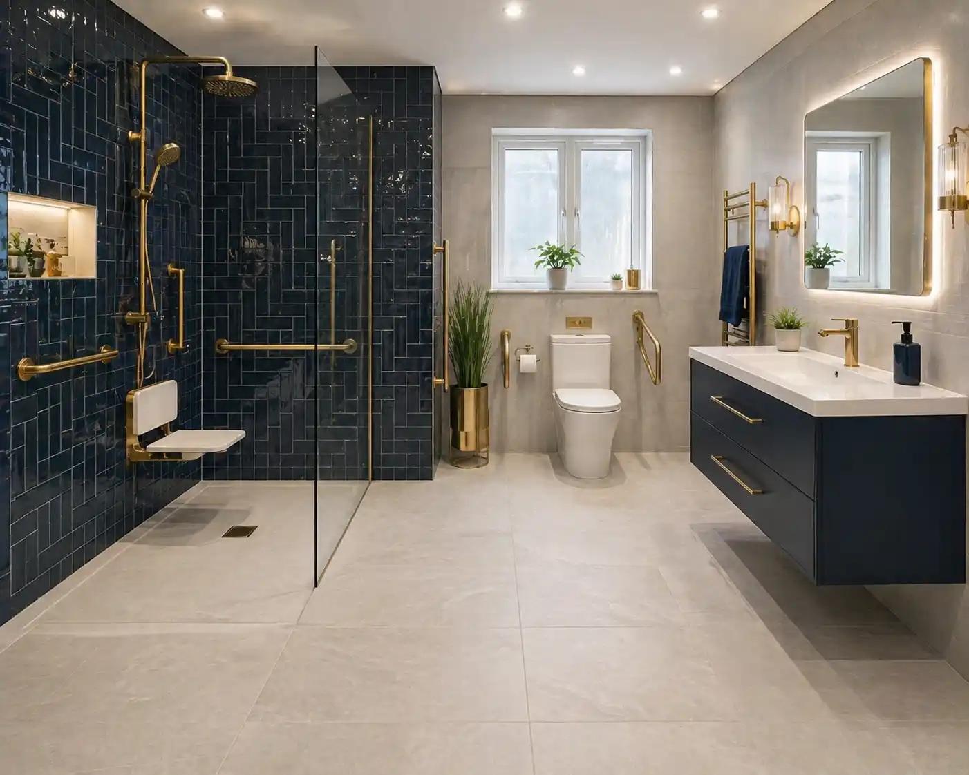 Modern accessible bathroom with a level-access shower and navy tiles
