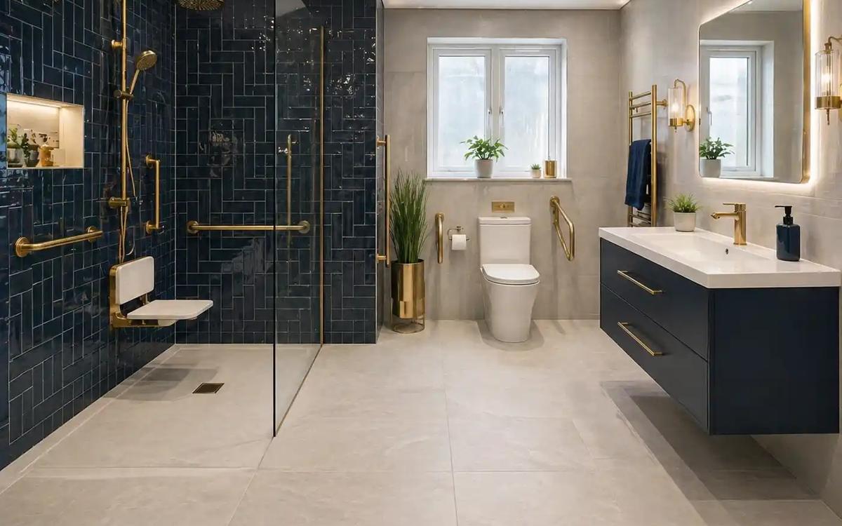Modern accessible bathroom with a level-access shower and navy tiles