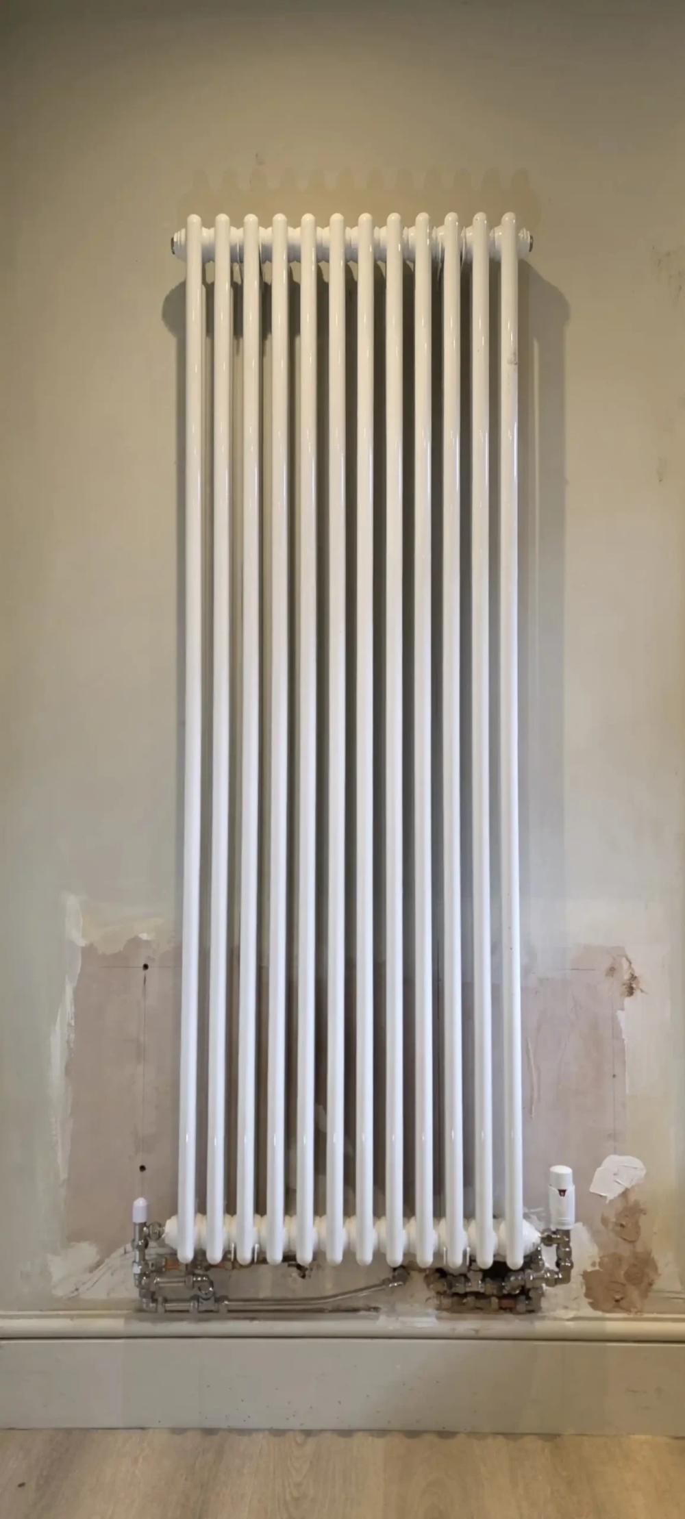 Vertical white column radiator before the repipe