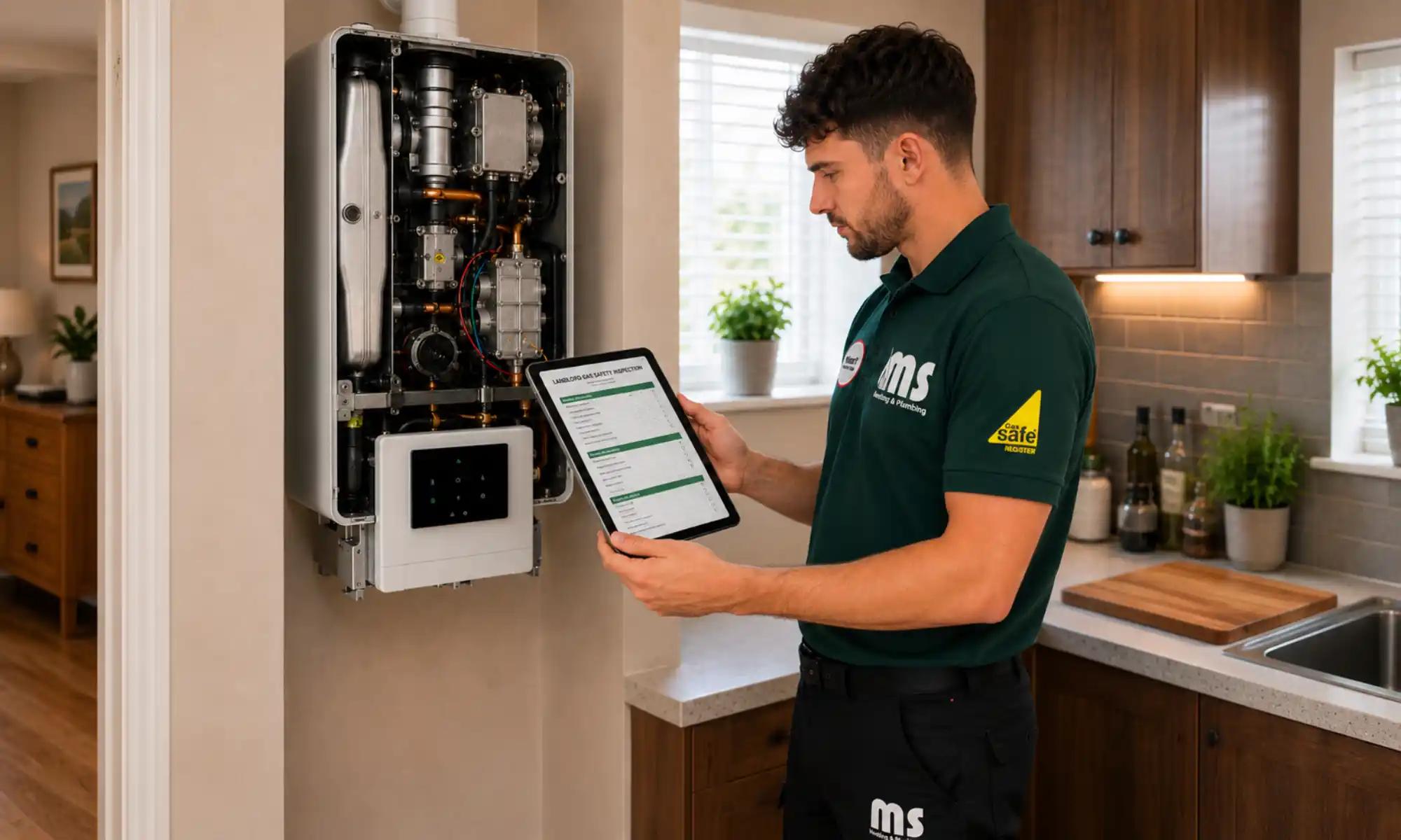 Engineer checking a boiler with a tablet during an inspection