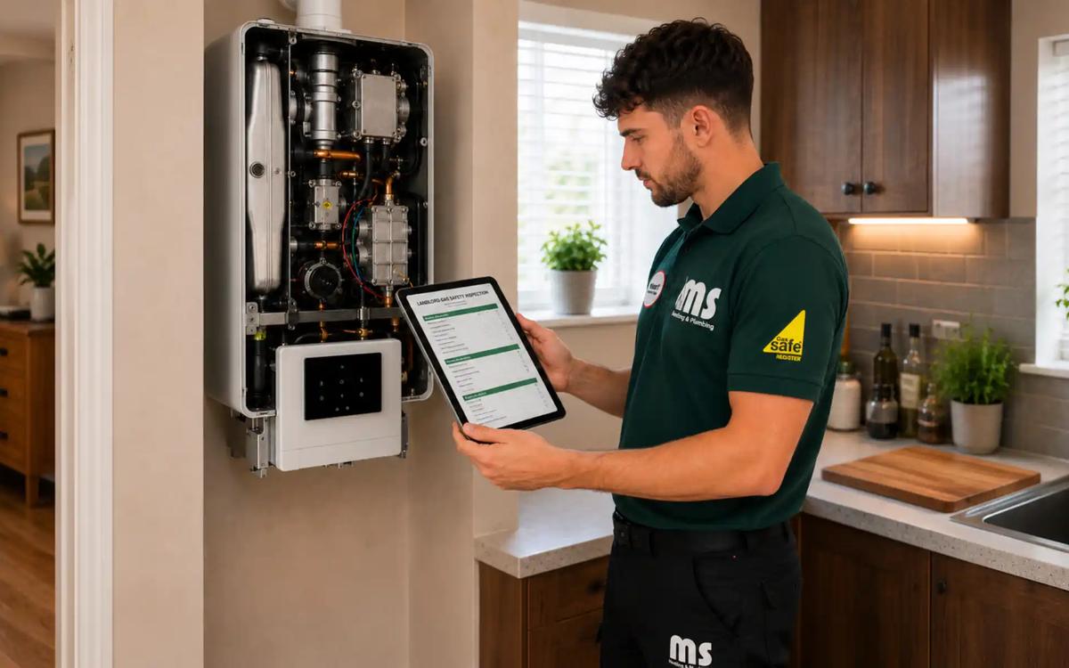 Engineer checking a boiler with a tablet during an inspection